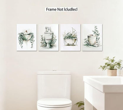 Frimeeme Unframed Green Botanical Bathroom Wall Art Decor,Boho Botanical Eucalyptus Watercolor Prints,Set of 4, 8x10 Inches