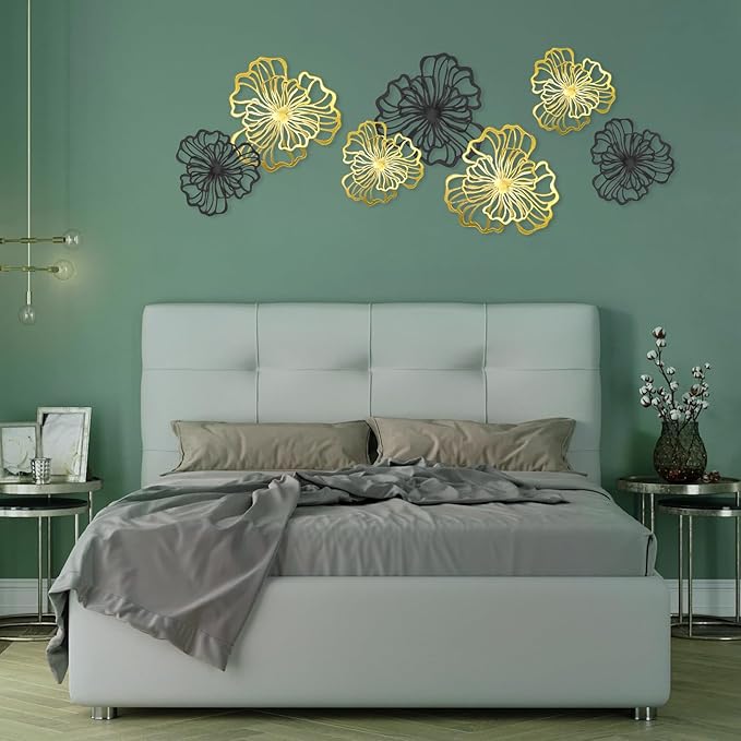7 Piece Metal Wall Decor for Living Room, Boho Double Layered Iron Flower Wall Hanging Art, Aesthetic Indoor Metal Wall Sculpture Decor for Bedroom Kitchen Bathroom Farmhouse Home Office, Gold-Black