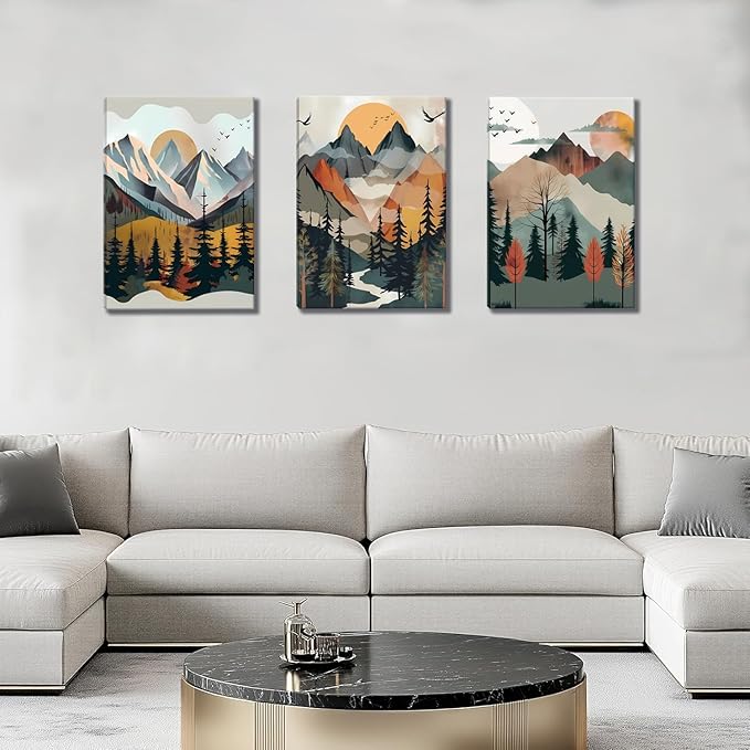 Mountain Canvas Wall Art Set of 3, Boho Sun Forest Abstract Nature Landscape Artwork Wall Decor, Watercolor Posters Prints Painting Picture Artwork for Living Room Bedroom Office 12 x16 In Framed