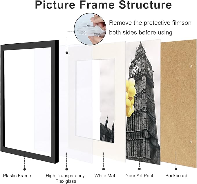 12x16 Picture Frames Set of 6 with Plexiglass, Display Pictures 11x14 with Mat or 12x16 Without Mat for Tabletop Display and Wall Mounting，Black