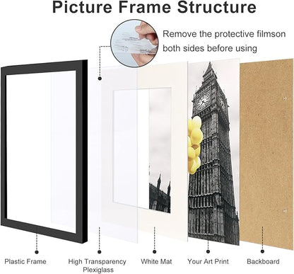 12x16 Picture Frames Set of 6 with Plexiglass, Display Pictures 11x14 with Mat or 12x16 Without Mat for Tabletop Display and Wall Mounting，Black
