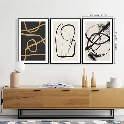 SAFERRYHOME Abstract Graffiti Black and White Wall Art Black and Gold Framed Canvas Print Set, Mid-Century Modern Geometric Sketches Lines for Living Room, Bedroom, Office - 3 Panels 16x24 Inch