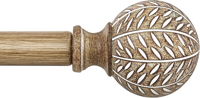 QDWIS Wood Curtain Rods for Windows 72 to 144 Inch,1'' Diameter Drapery Rods with Imitation Wood Grain Leaf Pattern Finials,Boho Adjustable Heavy Duty Curtain Rods Set,36-150'',Color:Weathered Wood