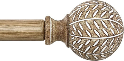 QDWIS Wood Curtain Rods for Windows 72 to 144 Inch,1'' Diameter Drapery Rods with Imitation Wood Grain Leaf Pattern Finials,Boho Adjustable Heavy Duty Curtain Rods Set,36-150'',Color:Weathered Wood