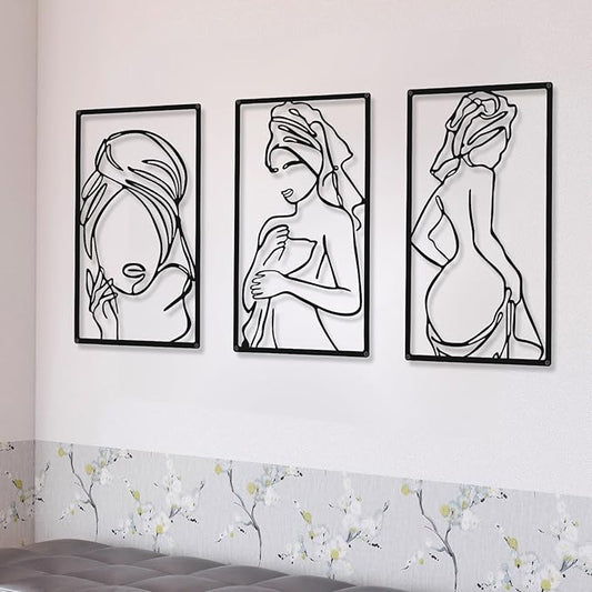 CHENGU 3 Pieces Metal Minimalist Abstract Woman Wall Art Line Drawing Wall Art Decor Single Line Female Home Hanging for Kitchen Bathroom Living Room