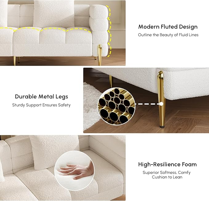 homary 79" Modern Boucle Sofa Couch, White Curved 3 Seater Couch with Deep Seat & Pillows, Upholstered Luxury Sofa for Living Room Apartment