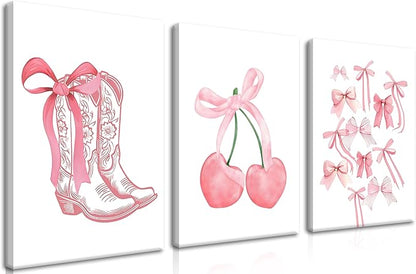 Fashion Pink Bows Wall Art Set of 3, Preppy Watercolor Cherry Cowboy Boots Wall Decor Posters, Cute Aesthetic Room Decor Canvas Prints Picture for College Girl Apartment Bedroom 12x16 Inch Framed
