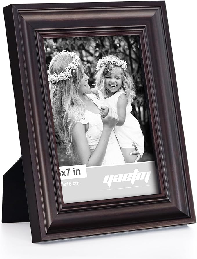 Yaetm 5x7 Picture Frame Set of 4, 1.4” Wide Molding & Dark Brown Photo Frames 5 x 7 with HD Tempered Glass, Display on Tabletop & Wall Mounting (4 Pack, Brown)
