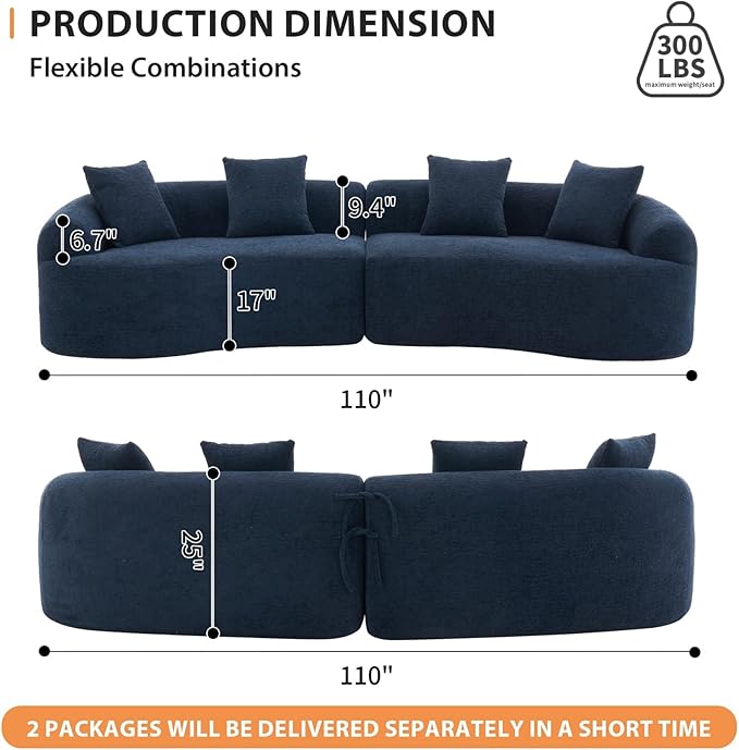 KEIKI Curved Chenille Modular Sectional Couches with Pillows, 4 Seater Oversized Upholstered Luxury Plush Cloud Sofa for Living Room Apartment, Antique Blue