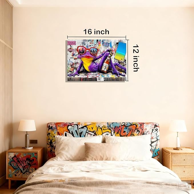 12x16 Urban Graffiti Purple Frog with Sunglasses Wall Art Canvas Painting Gallery Pop Art Street Artwork Decor Teen Little Boys Room Pictures Kids Bedroom Men Office Living room Framed Posters