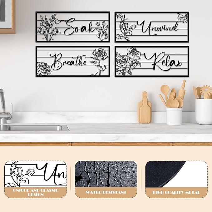 ShxTrade 4 Pieces Black Metal Bathroom Wall Decor - Unwind Relax Soak Breathe Wall Art with Floral Silhouette, Modern Minimalist Line Art Signs for Bathroom, Spa, Rustic Farmhouse Wall Decorations