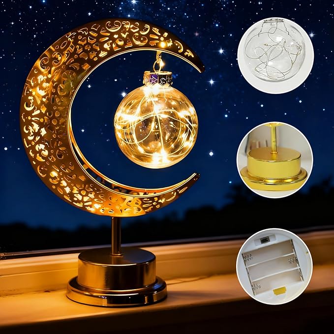 Crescent Moon Table Light with Hanging Star Ramadan Decorative Lamp Battery Operated Suitable for Home Bedroom Shop Dining Holiday Party Eid Festival Decoration (Gmoon-WW-Ball)