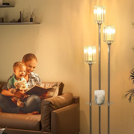 HMVPL Crystal Floor Lamps for Living Room, Modern Floor Lamp with Shelves, 3-Lights Standing Lamp with Crystal Shade, On/Off Foot Switch, Silver Corner Floor Lamp for Bedroom Living Room Office(66")