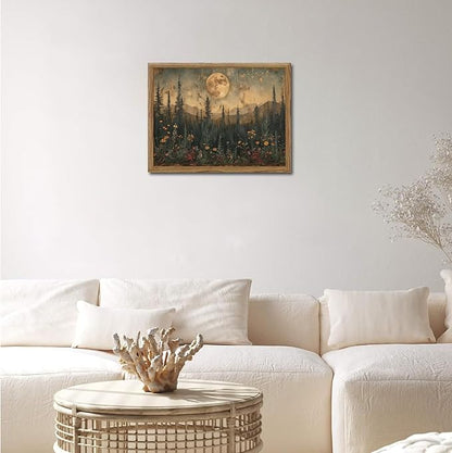 Vintage Nature Forest Wall Art Dark Moon Landscape Painting Wall Decor Woodland Picture Artwork 3D Textured Hand Drawn Sandstone for Farmhouse Bedroom Living Room 12x16 inch Wood Framed