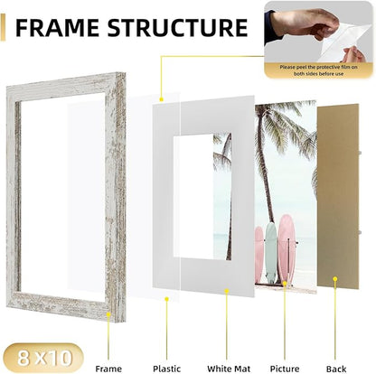 YESKAY 8x10 Picture Frame Set of 9, Display Pictures 5x7 with Mat or 8 x 10 Without Mat, Multi Photo Frames for Wall Mounting or Table Top Display, Distressed White