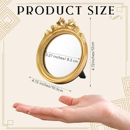 Threehoney 4 Pack Portable Small Vintage Gold Bow Mirror 4.1" Round Vintage Makeup Desk Mirror for Bedroom, Bathroom, Table Decoration
