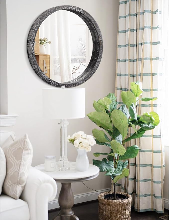 JJUUYOU Round Wall Mirror Large Circular Wall Mounted Mirror for Bathroom Circle Mirror for Decor Wooden Make up Mirror for Farmhouse Living Room Bedroom 20Inch