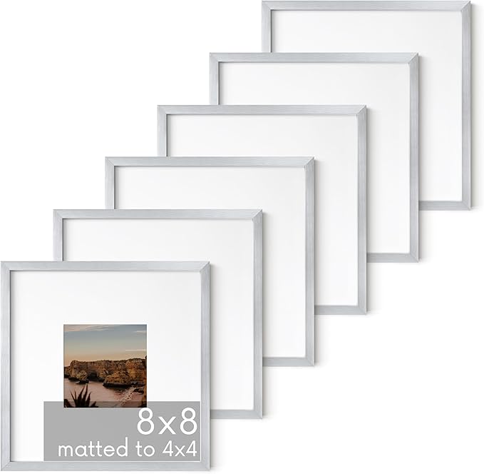 HAUS AND HUES 8x8 Silver Metal Picture Frames Matted to 4x4 - Premium Aluminum with Hanging Hardware, Shatterproof Plexiglass - Ideal for Home or Office (8x8 in, Silver, Set of 6)