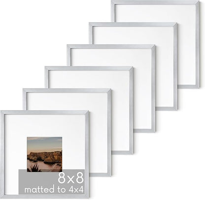 HAUS AND HUES 8x8 Silver Metal Picture Frames Matted to 4x4 - Premium Aluminum with Hanging Hardware, Shatterproof Plexiglass - Ideal for Home or Office (8x8 in, Silver, Set of 6)