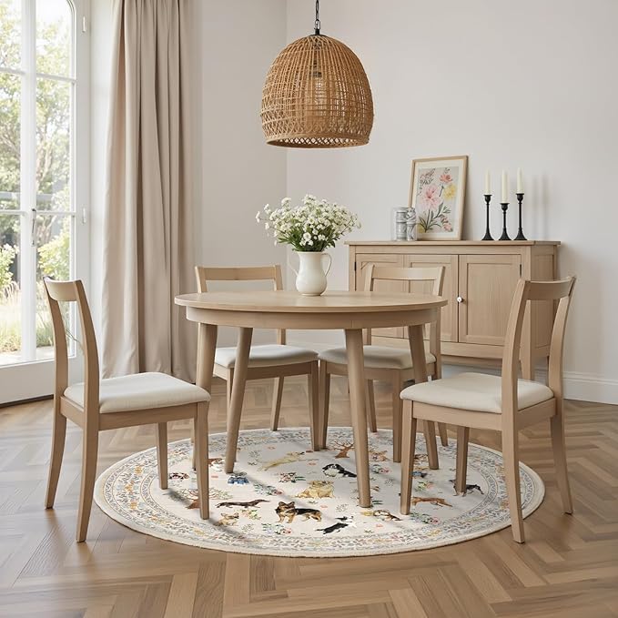 Beige 4Ft Round Area Rugs for Bedroom, Non-Slip Stain Resistant Round Kitchen Dog Rug, Modern Geometric Print Indoor Floor Circle Carpet for Entryway Living Room Sofa