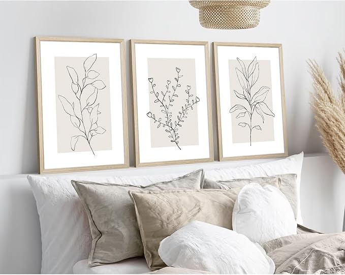 Neutral Botanical Prints Wall Art Decor Plant Minimalist Canvas Pictures Vintage Beige Wall Art Modern Farmhouse Line Poster Boho Abstract Painting Artwork for Bedroom 16x24 Inch Framed Set of 3