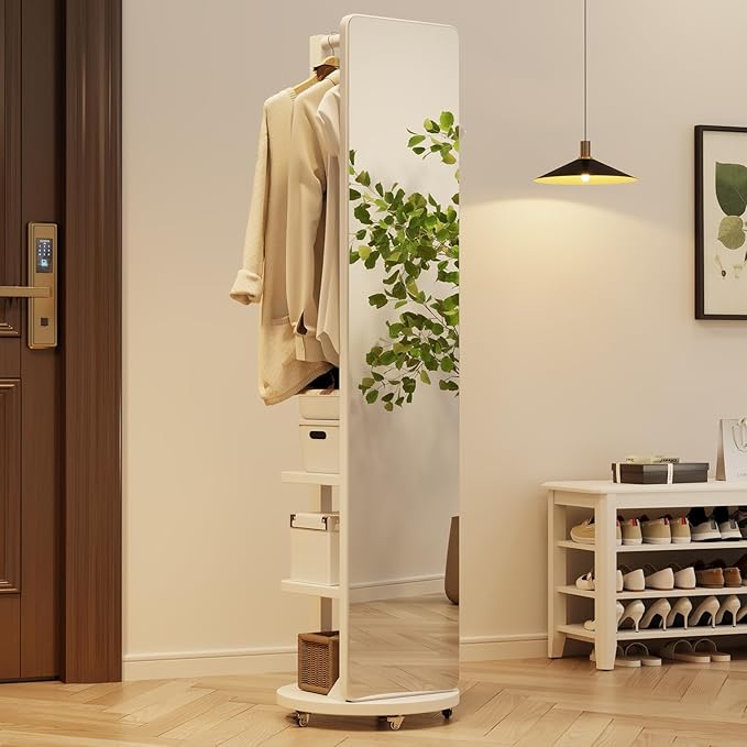 WoodsWhisper Full Length Mirror Coat Rack Solid Wood Floor Mirror 66"x12" Full Length Mirror with Stand Long Mirrors for Bedroom,Living Room (White-Mobile, 66" Lx12 W)