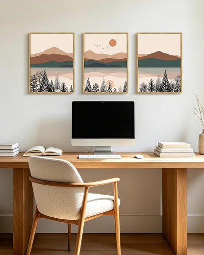 PHOPAGO Mountain Laker Landscape Framed Wall Art Boho Nature Artwork Paints Bohemain Farmhouse Rustic Living Room Bedroom Decor - 12x16in Natural Framed