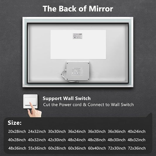 ROOMTEC 48 x 36 Inches LED Bathroom Mirror with Lights, Vanity Mirror with Front and Backlight, Smart Dimmable Anti-Fog LED Mirror for Bathroom, Memory Function, Tempered Glass (Horizontal/Vertical)