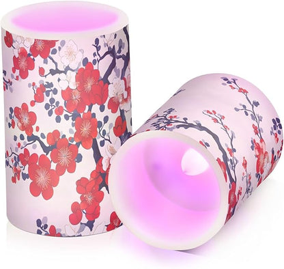 ALAZA Chinese Art Cherry Blossom Flickering Flameless Candles Battery Operated with Remote Timer,Tea Light Candles LED Pillar Votive Candles Set of 2 for Outdoor Indoor Decorations