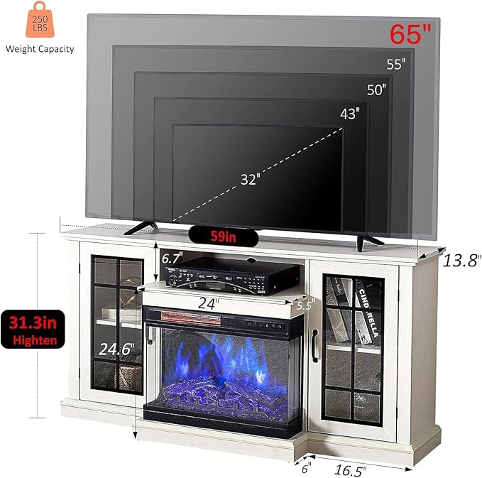 AMERLIFE 3-Sided Glass Fireplace TV Stand for TVs up to 65'' with 12 Color, Media Entertainment Center Console Table with Doors Closed Storage, White