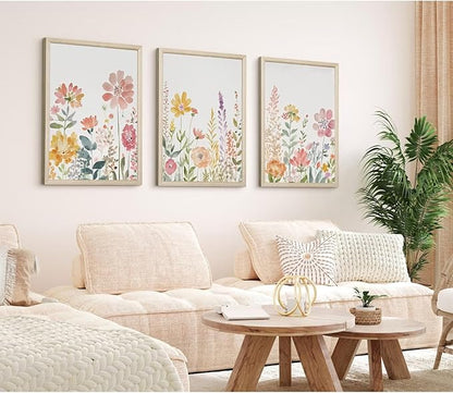 Watercolor Wildflower Wall Art Decor Colorful Flower Pictures Canvas Floral Botanical Wall Art Vintage Prints Poster Floral Painting Artwork for Living Room Bedroom 16x24 Inch Framed Set of 3
