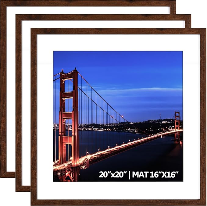 Yaetm 20x20 Picture Frame Brown Set of 3, Wood Grain Square Frames Display 16x16 with Mat or 20 x 20 without Mat, Gallery Wall 20x20 Frame for Wall Mounting (3 Pack, Brown)