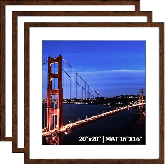 Yaetm 20x20 Picture Frame Brown Set of 3, Wood Grain Square Frames Display 16x16 with Mat or 20 x 20 without Mat, Gallery Wall 20x20 Frame for Wall Mounting (3 Pack, Brown)