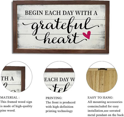 Inspirational Wall Art, Wood Decoration for Home Office, Living Room Decor, Bedroom Decors, Wooden Framed Wall Decor, Begin Each Day With a Grateful Heart Sign, 15×7.5×0.3 inches