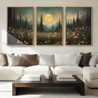 ANHUIB Moon Forest Wildflower Wall Art, Moonlit Pine Tree Wall Decor Dark Mountain Paintings Set of 3 for Living Room Bedroom Dining Room 16x24 Inch