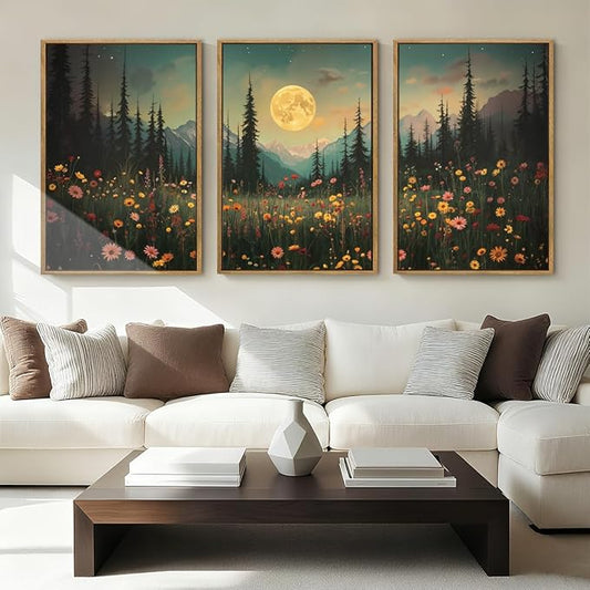ANHUIB Moon Forest Wildflower Wall Art, Moonlit Pine Tree Wall Decor Dark Mountain Paintings Set of 3 for Living Room Bedroom Dining Room 16x24 Inch