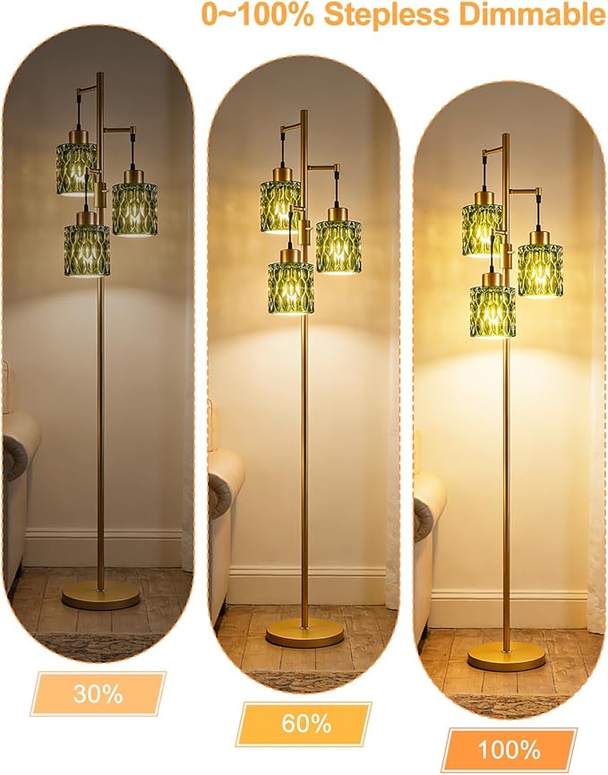 3-Light Modern Glass Floor Lamp, Gold Standing Tall Lamp with Green Cylinder Glass Shade for Reading, Dimmable LED Floor Lamp with 5Lbs Heavy Base for Living Room Bedroom Home Decor, Bulb Included
