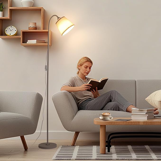 Floor Lamp, Industrial Metal Floor Lamps for Living Room with Adjustable Bendable 2 in 1 Reading Table Lamps for Living Room Bedroom Office (W+ Linen Shade)
