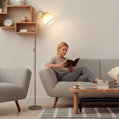 Floor Lamp, Industrial Metal Floor Lamps for Living Room with Adjustable Bendable 2 in 1 Reading Table Lamps for Living Room Bedroom Office (W+ Linen Shade)