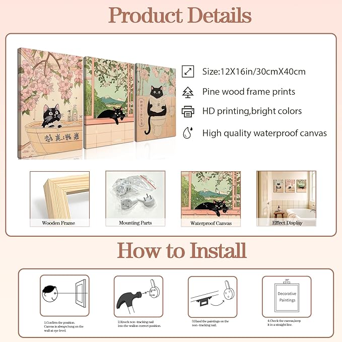 Japanese Bathroom Wall Art Set of 3, Cute Black Cat Bathtub Wall Decor, Funny Animal Reading Newspaper Canvas Prints for Bathroom Bedroom Laundry Room 12x16 inch Framed