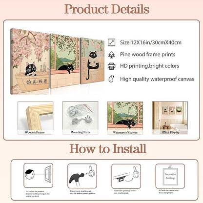 Japanese Bathroom Wall Art Set of 3, Cute Black Cat Bathtub Wall Decor, Funny Animal Reading Newspaper Canvas Prints for Bathroom Bedroom Laundry Room 12x16 inch Framed