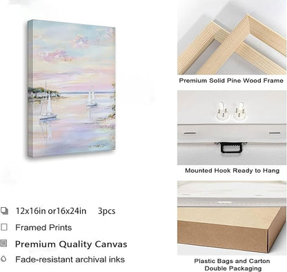 SEWEAIPIC 3 Piece Coastal Wall Art, Dreamy Pastel Pink Beach Canvas Prints, Calming Ocean Sunset Painting for Bedroom, Living Room Decor, Seascape Artwork, 16x12 inch - Framed