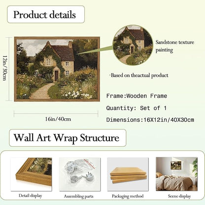 Vintage Cottage Core Wall Art, Farmhouse Landscape Wall Decor Painting Country House Artwork 3D Textured Hand Drawn Sandstone for Bedroom Living Room 12x16 inch Wood Framed