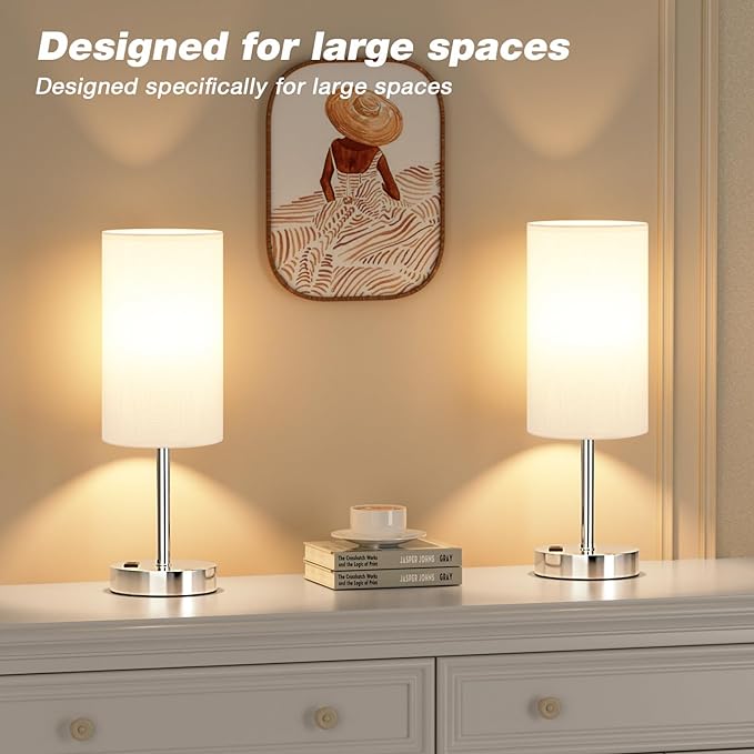 Fenmzee Touch Bedside Lamp - White, 3-Way Dimmable, USB A + C Charging, AC Outlet, 17.4inch Medium