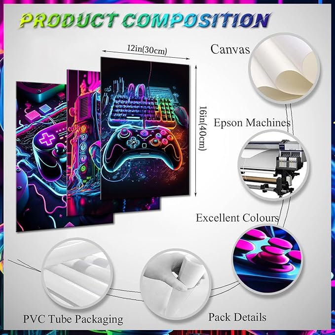BGFCE Game Room Decor Posters Set of 3 - Neon Gaming Accessories Theme Canvas Wall Art, Gamer Console Paintings Picture Wall Decor for Children Youth Boys Bedroom 12x16 inch Unframed