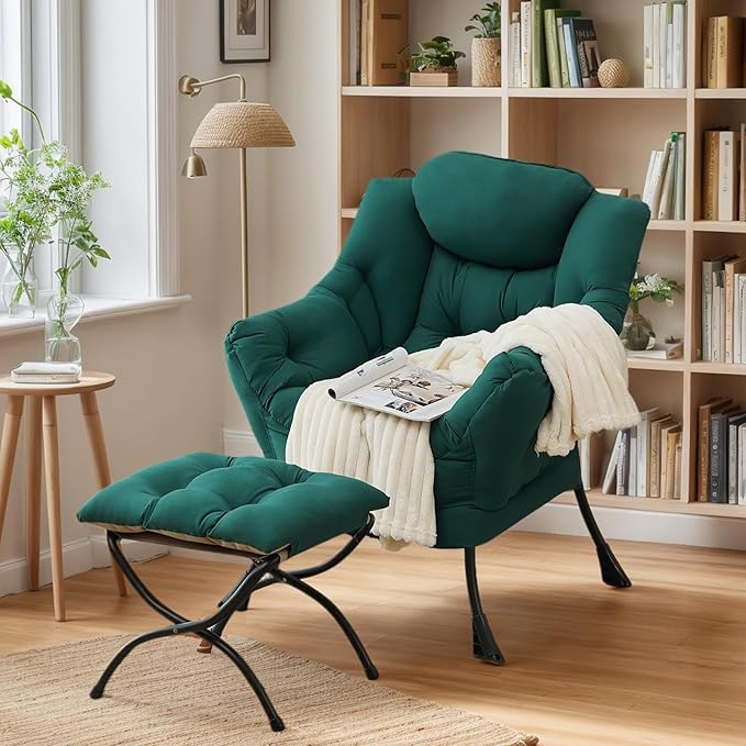 Lazy Chair with Ottoman, Large Dark Green Accent Chair with Ottoman, Comfy Reading Armchair, Leisure Sofa Chair for Living Room, Bedroom, Dorm Room, Office