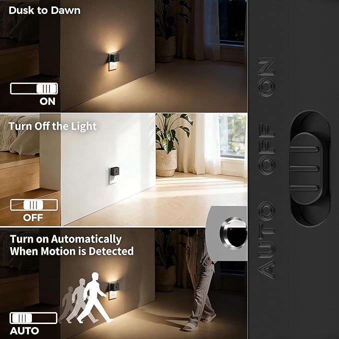 DORESshop LED Motion Sensor Night Light [2 Pack], Plug in Night Light, Dusk to Dawn Night Light Motion Sensor, 3 Level Brightness Adjustable Night Lights for Adults, Bedroom, Bathroom, Hallway, 3000K