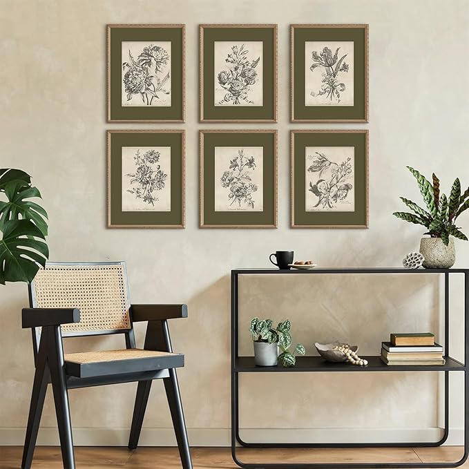 Vintage Floral Wall Art Sketch Flower Prints Antique Botanical Canvas Wall Art Decor Vintage Etchings Floral Poster Green Botanical Painting Sage Green Artwork for Bedroom 8x10x6 Inch Unframed