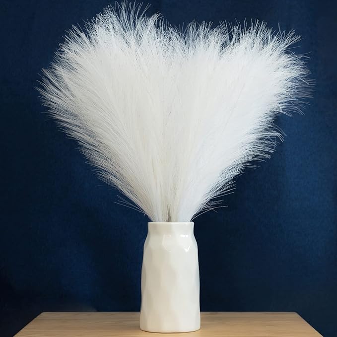 Faux Pampas Grass, 18"/45cm Artificial Pampas Grass Fluffy 6 Stem pompous Grass Flower Arrangement for Boho Home Wedding Decoration (White)