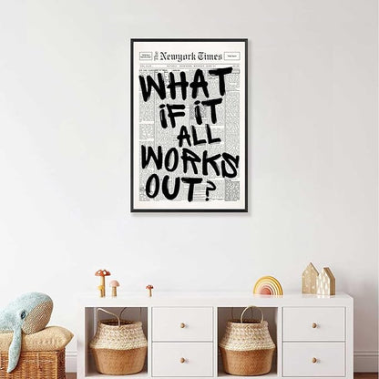 Retro Black And White Newspaper Poster What If It All Works Out Canvas Wall Art Positive Affirming Quote Minimalist Prints Painting For Home Bedroom Dorm Wall Decor 8x12in Framed